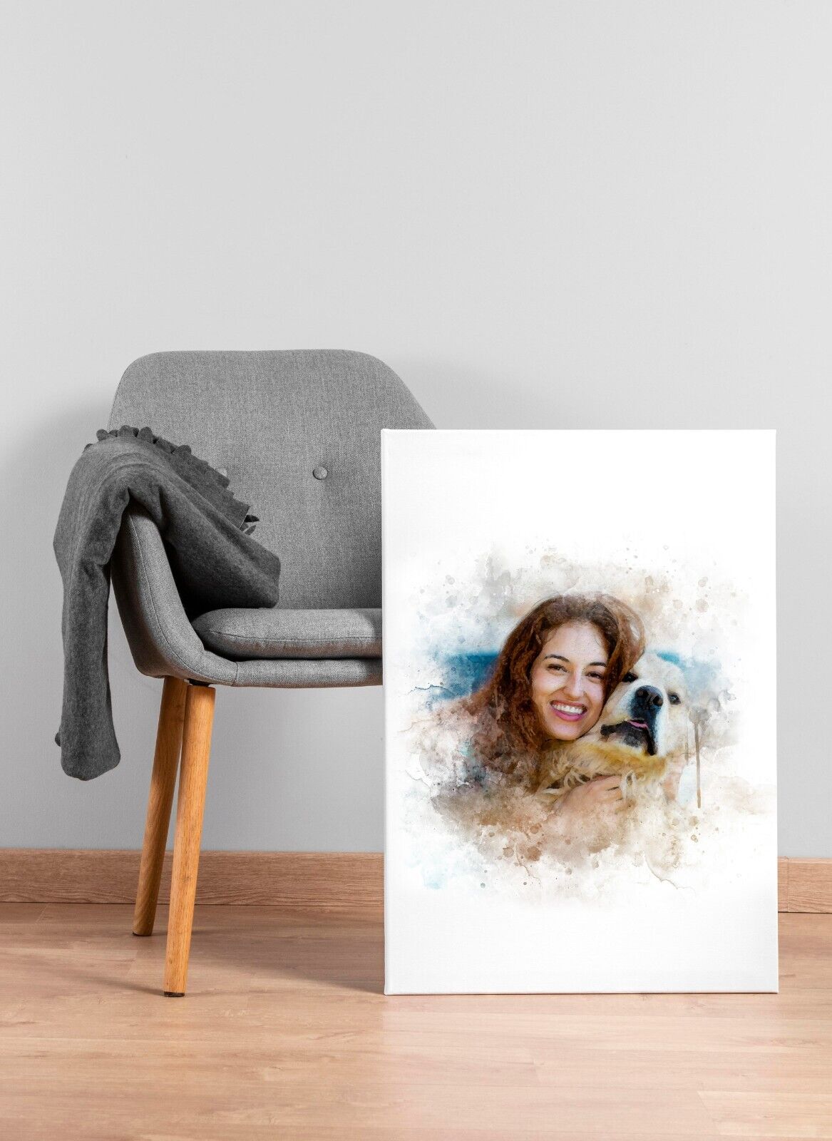 watercolor painting from photo custom dog cat portrait couple with pet canvas
