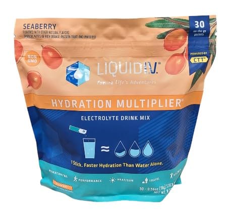 Liquid I.V. Hydration Multiplier, 30 Stick Packs, Seaberry (3 Packs Total)