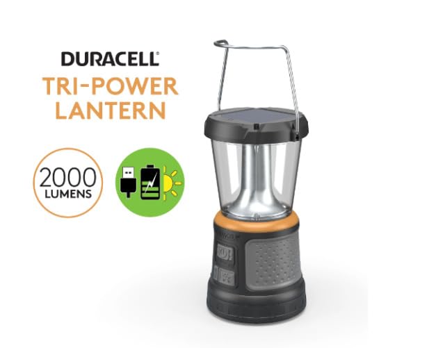 Duracell - 2000 lumens LED flashlight with 360° and 180° illumination for camping, fishing and emergency use, 6 light modes and 3 power supplies available for charging, 1654528