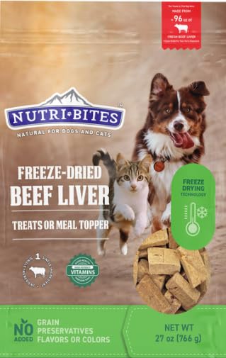 Nutri Bites Freeze Dried Beef Liver Dog & Cat Treats | Healthy Pet Training Treats or Food Topper | All Natural, Single Ingredient, High Protein | Premium Bulk Large Size Pack (27 OZ)