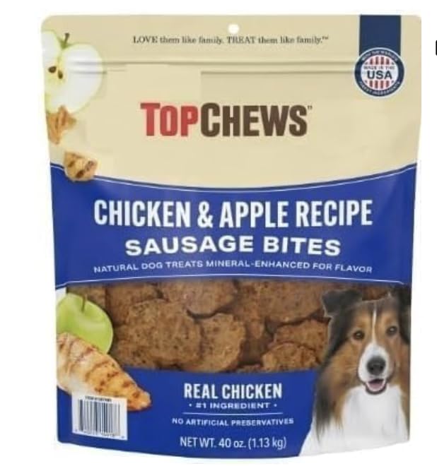 Top Chews Chicken & Apple Sausage Bites, Proudly Made in USA, Net Weight. 2.5 lbs - 100% Natural Dog Treats, and No Artificial Preservatives