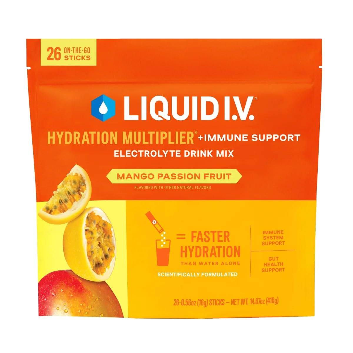 Liquid I.V. Hydration Multiplier Plus Immune Support, Mango Passionfruit (26 Ct)