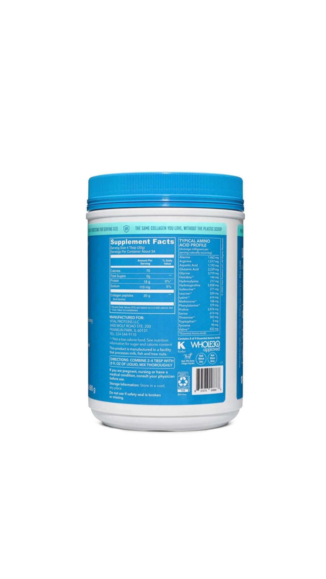 Vital Proteins 20g Collagen Peptides, Unflavored, 1.5 lbs, 24 OZ, Unflavored