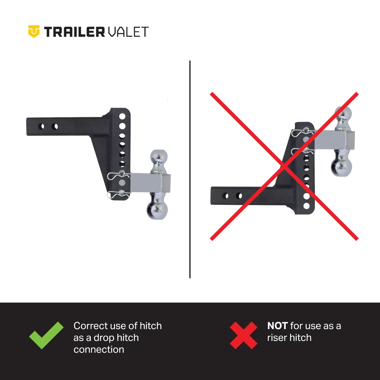 14,000 lbs. Capacity | 0-6" Drop | Reversible 2" and 2.5/16" Ball Drop Hitch | Adjustable | High Grade Steel | Rust Resistant | Blackout by Trailer Valet