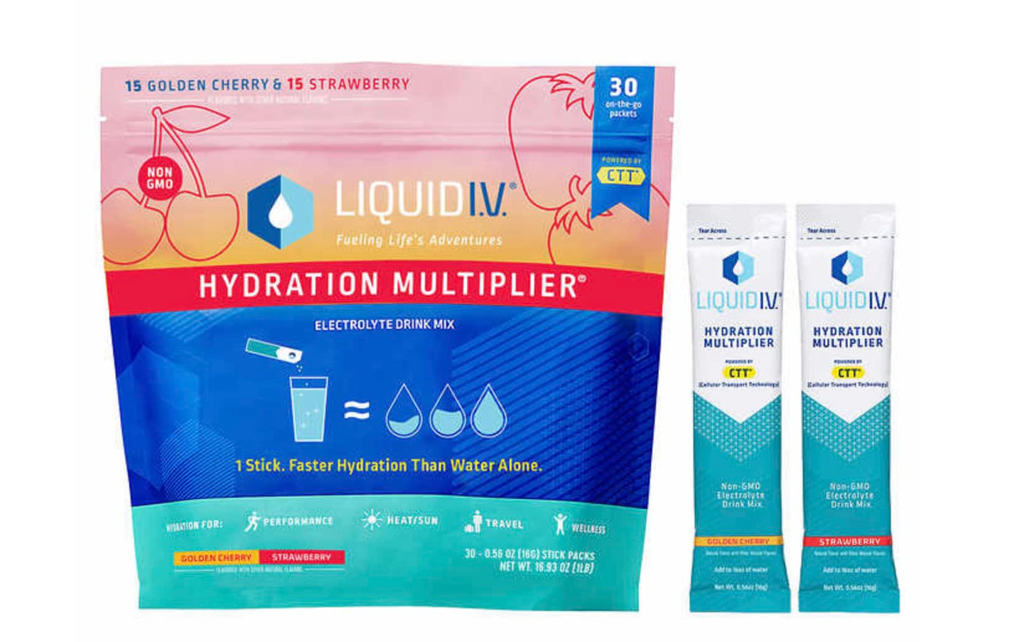 Liquid I.V. Hydration Multiplier, 30 Individual Serving Stick Packs in Resealable Pouch Flavor : Golden Cherry & Strawberry (3), Pack of 1