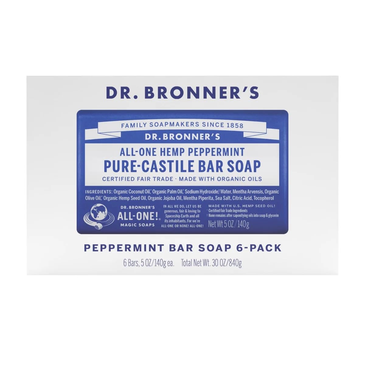 Dr Bronner's Pure Castille Peppermint Bar Soap, 5 Ounce (Pack of 6)