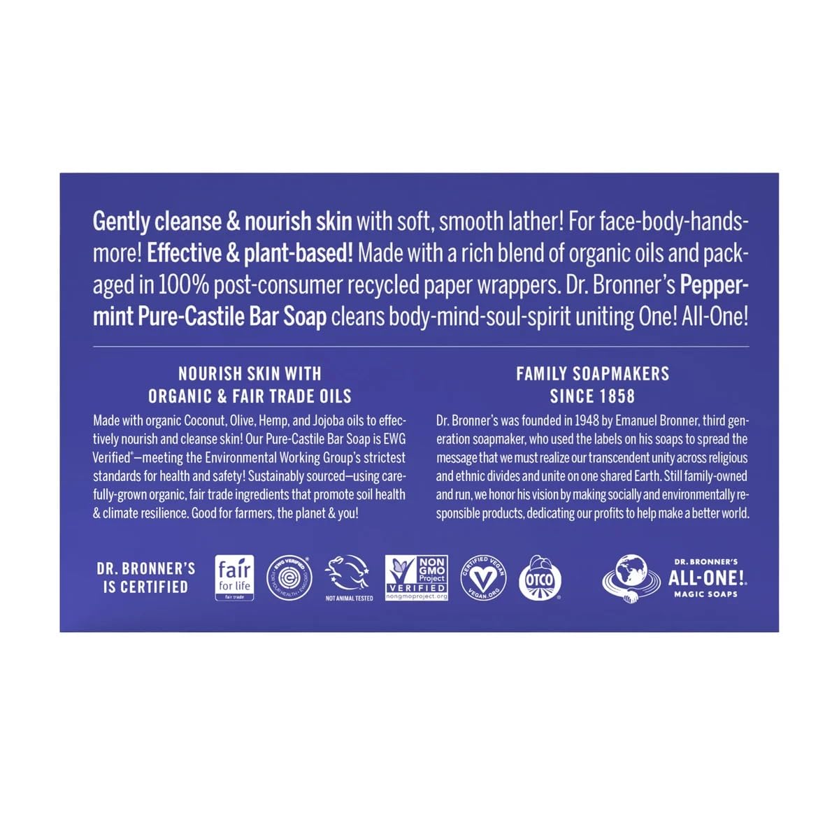 Dr Bronner's Pure Castille Peppermint Bar Soap, 5 Ounce (Pack of 6)