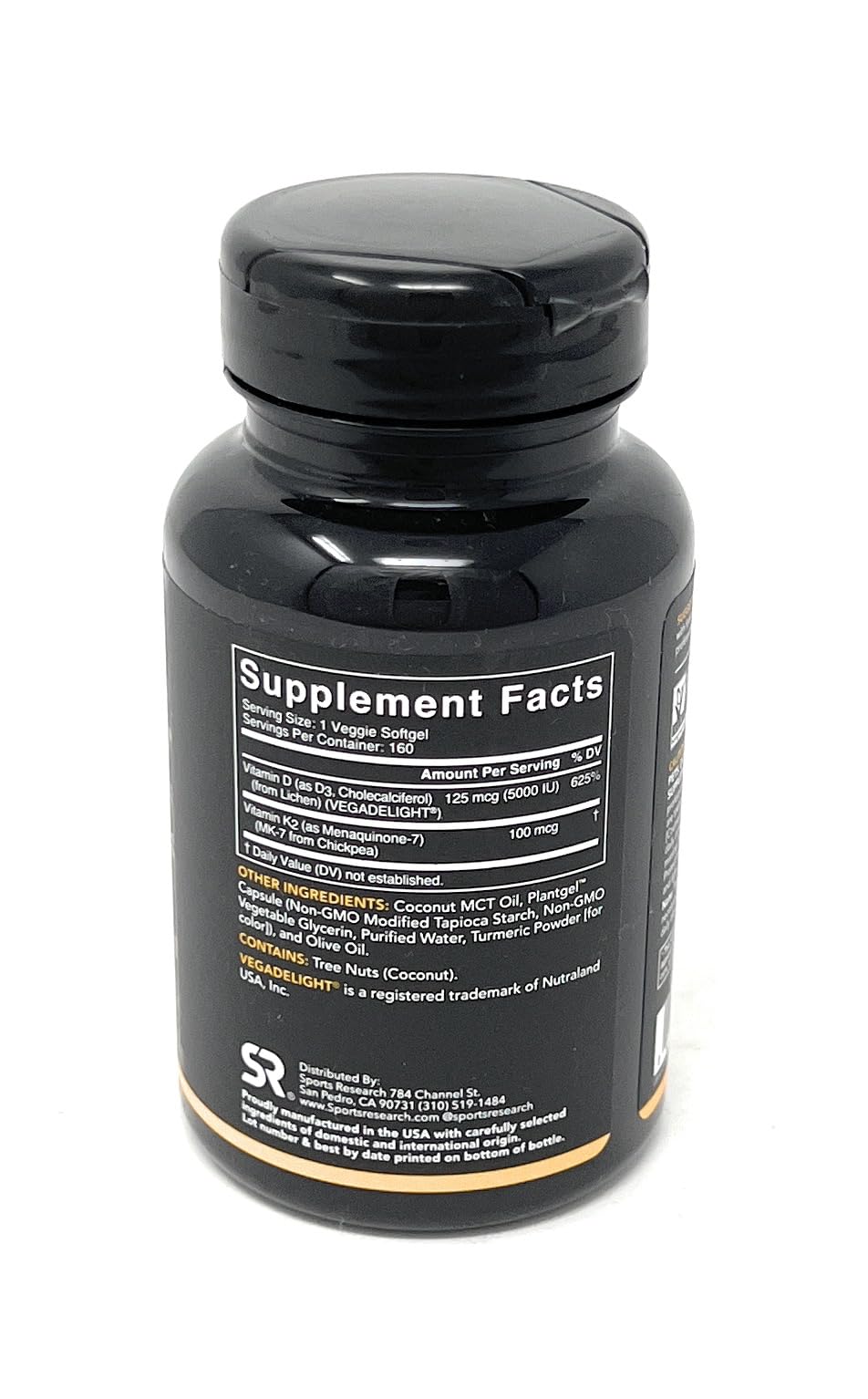 Sports Research Vitamin D3 K2 with 5000iu of Plant-Based D3 & 100mcg of Vitamin K2 as MK-7, Non-GMO Verified & Vegan Certified - 160 Liquid Softgels