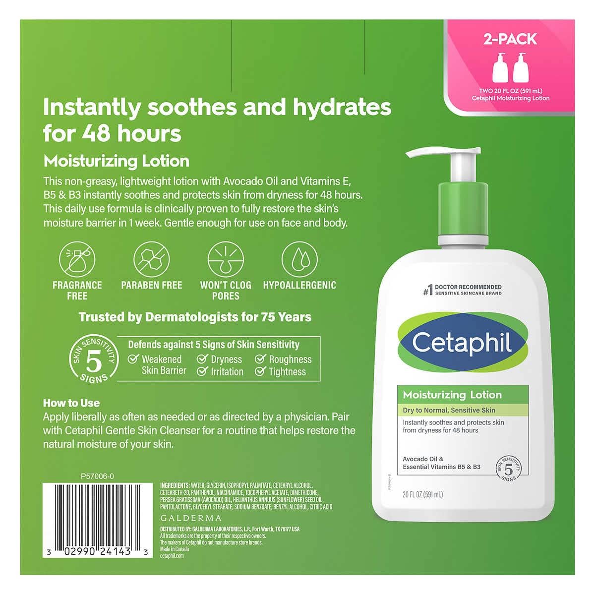 Cetaphil Moisturing Lotion, Dry to Normal Sensitive Skin, with Avocado Oil and Essential vitamins B5 & B3-20 fl oz, 2 Count
