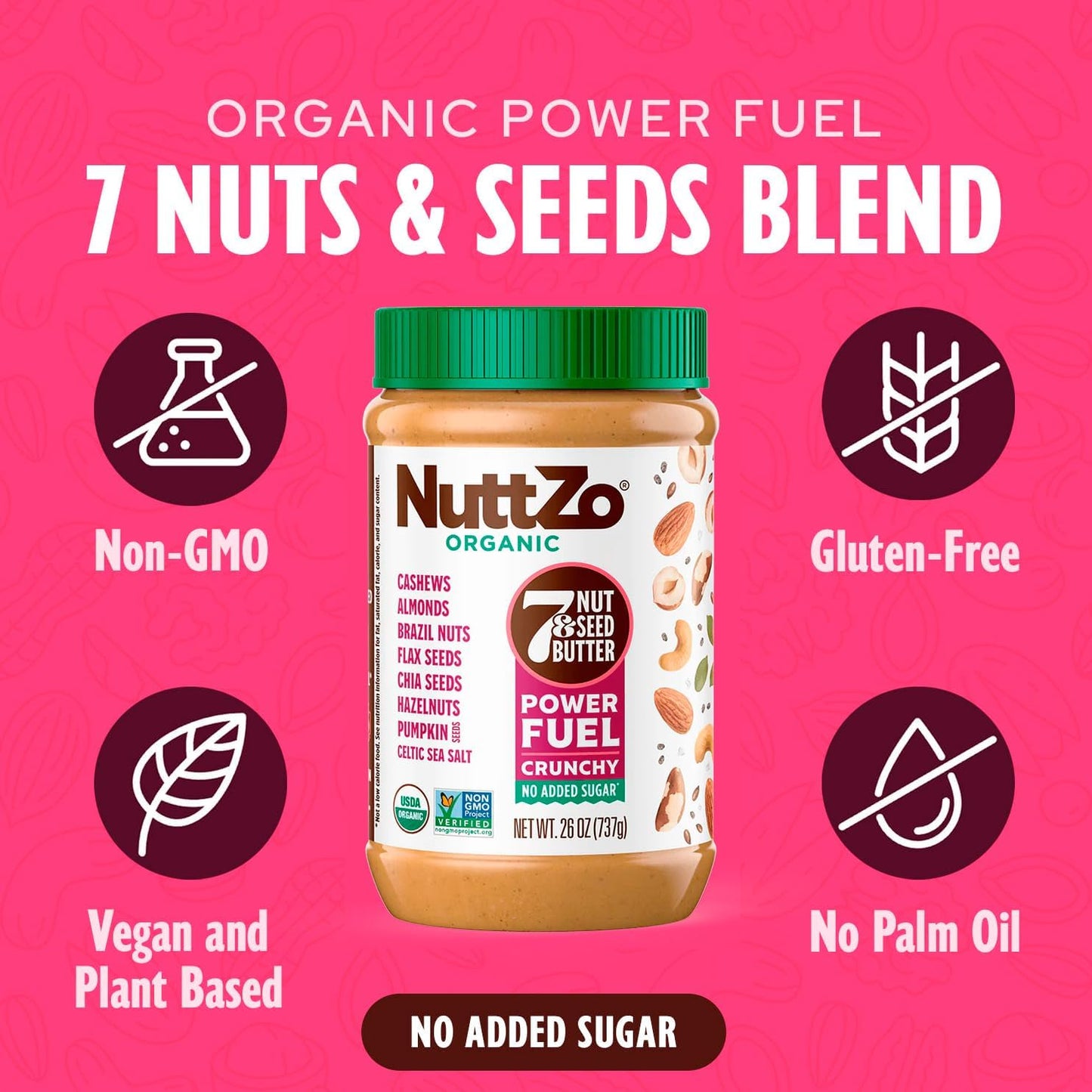 NuttZo Organic Power Fuel Crunchy 7 Nuts & Seeds Butter, Paleo Friendly | Peanut & Gluten Free, Vegan, and Kosher, No Added Sugar or Oil | 26 oz Jar, 3-Pack