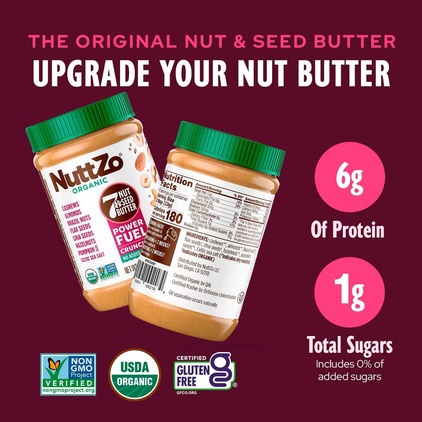 NuttZo Organic Power Fuel Crunchy 7 Nuts & Seeds Butter, Paleo Friendly | Peanut & Gluten Free, Vegan, and Kosher, No Added Sugar or Oil | 26 oz Jar, 3-Pack