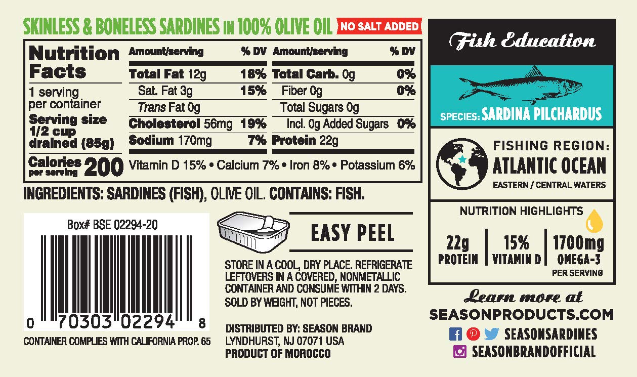Season Sardines in Olive Oil � Skinless & Boneless, No Salt Added, Wild Caught, 22g of Protein, Keto Snacks, More Omega 3's Than Tuna, Kosher, High in Calcium, Canned Sardines � 4.37 Oz Tins, 6-Pack