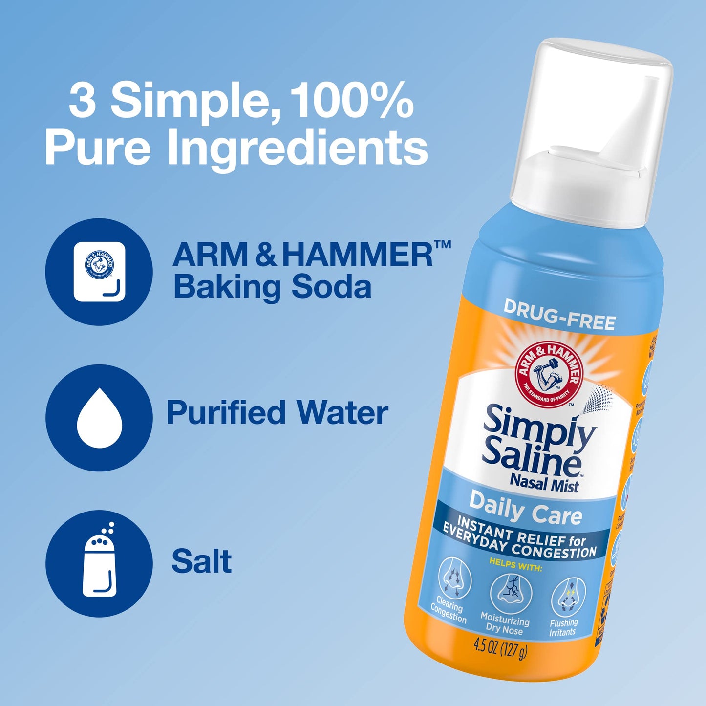 ARM & HAMMER Simply Saline Nasal Care Daily Mist 4.5oz � Instant Relief for Every Day Congestion � One 4.5oz Bottle
