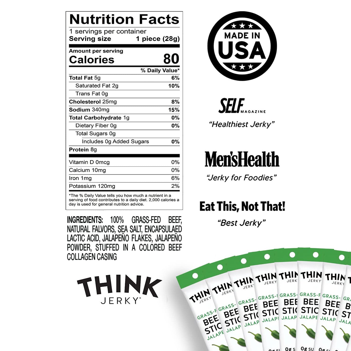 Think Jerky, Jalapeno Grass-Fed Beef Sticks (1.0 Ounce Sticks, Pack of 10 Sticks) - Sugar Free, Gluten Free, Non GMO, No Nitrates, Keto Friendly, Paleo, High Protein, Low Carb