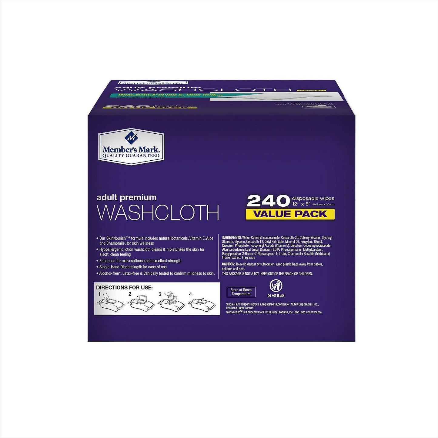 Members Mark Adult WfQSd Washcloth Disposable Moist Wipes 12" x 8", 240 Count (4 Pack)