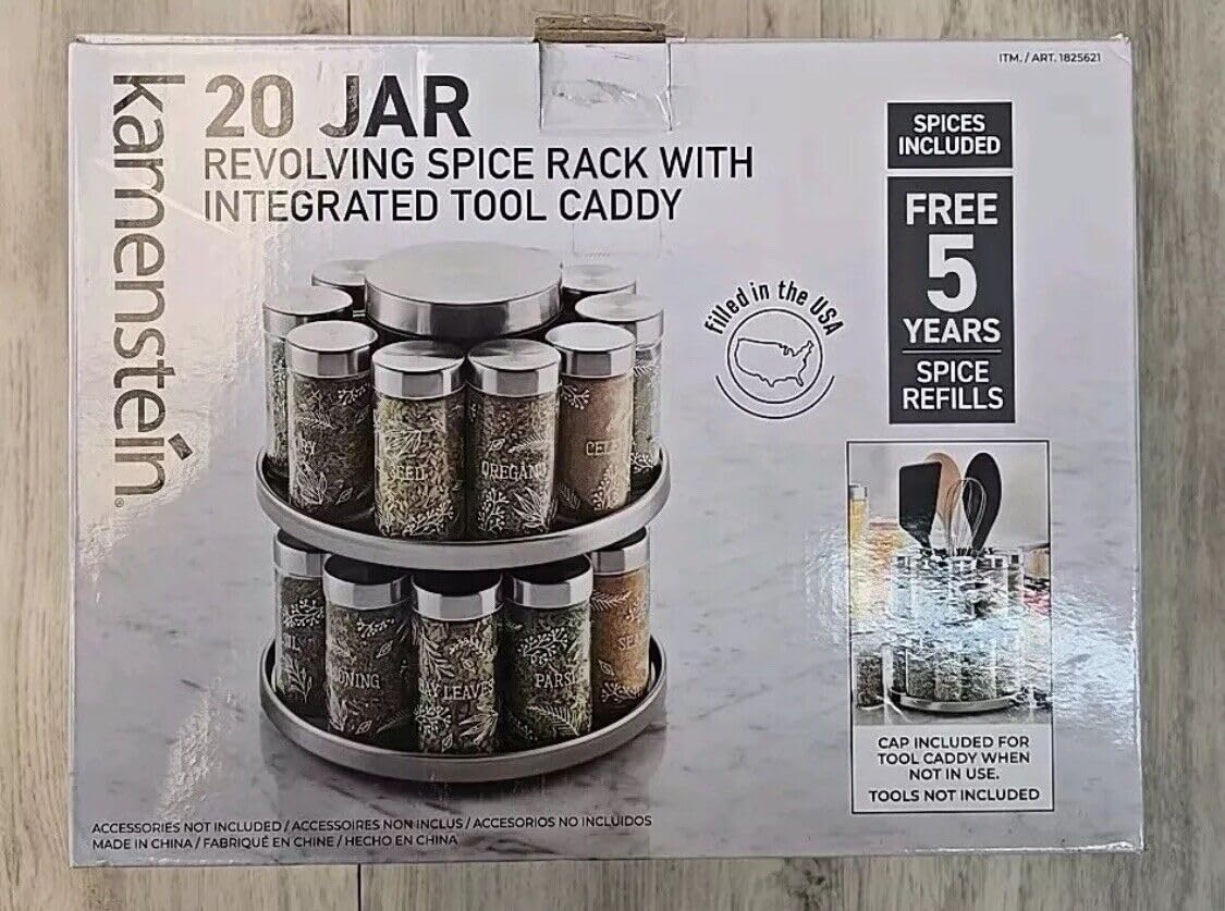 Kamenstein 20 Jar Revolving Countertop Spice Rack with integrated tool caddy Spices with removable shaker disc Included, FREE Spice Refills for 5 Years: Brushed Nickel