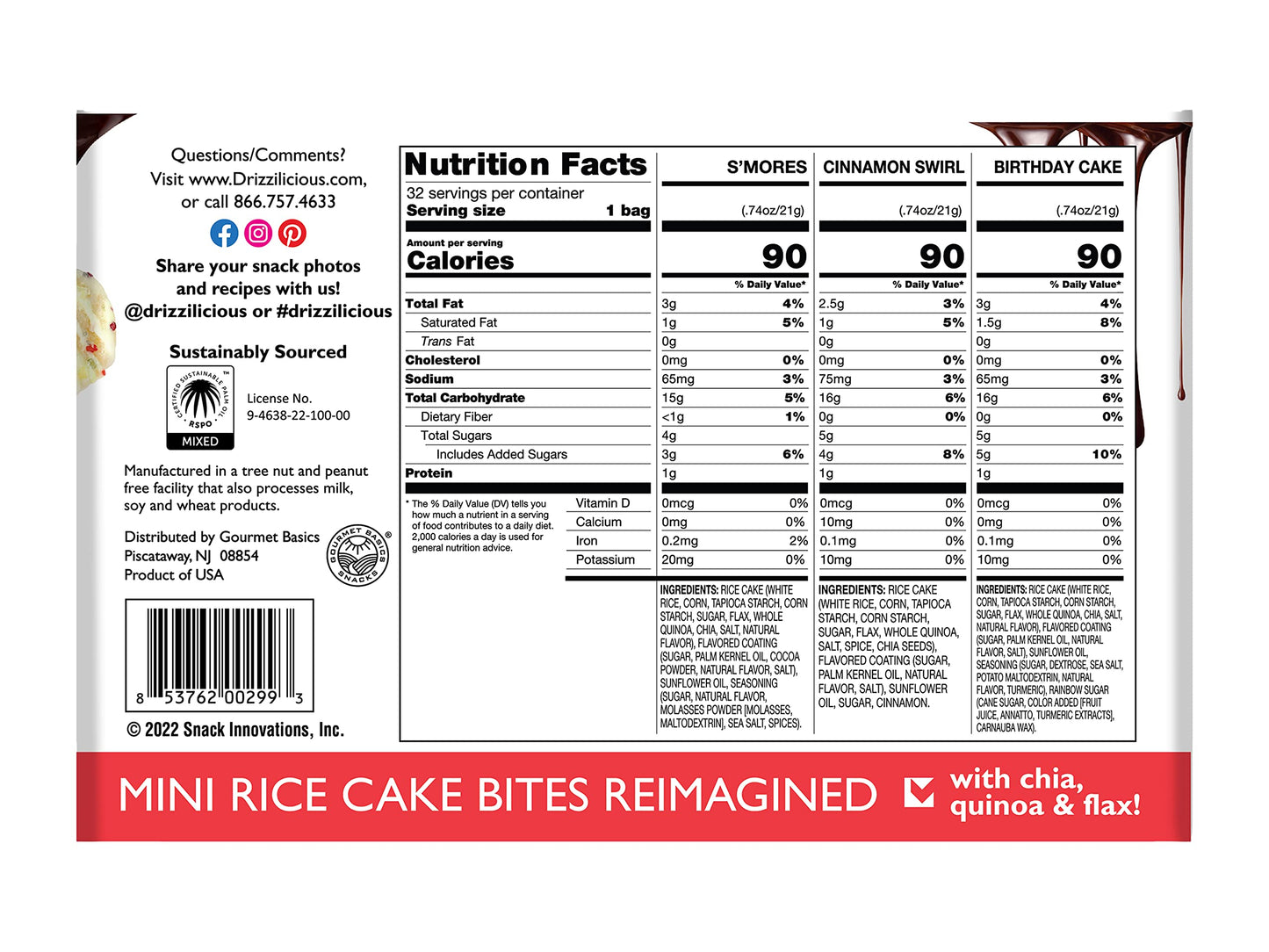 Drizzilicious Variety Pack .74oz 32 count | S'mores, Cinnamon Swirl and Birthday Cake | Mini Snack Chocolatey Rice Cakes | Vegan Air Popped Chia, Quinoa, Flax Snack �