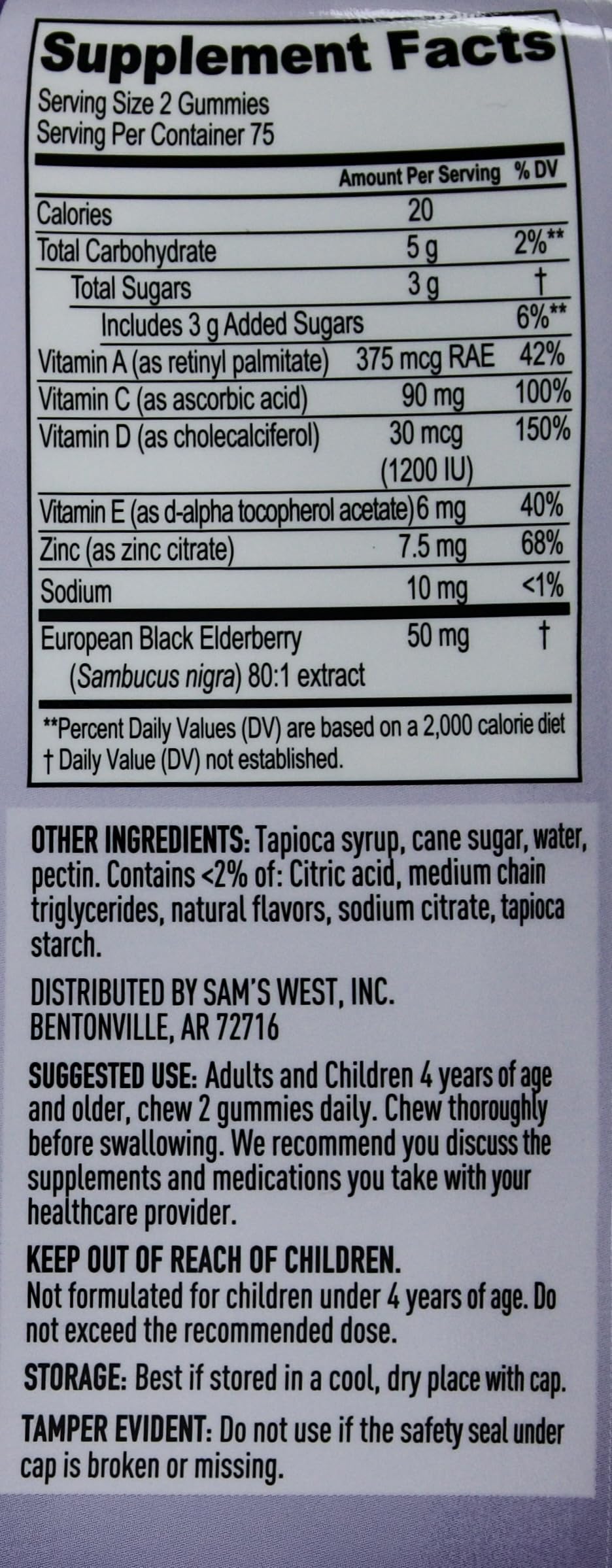 Member's Mark Elderberry Gummies with Vitamins A, C, D, E, & Zinc, 150 Vegetarian Gummies