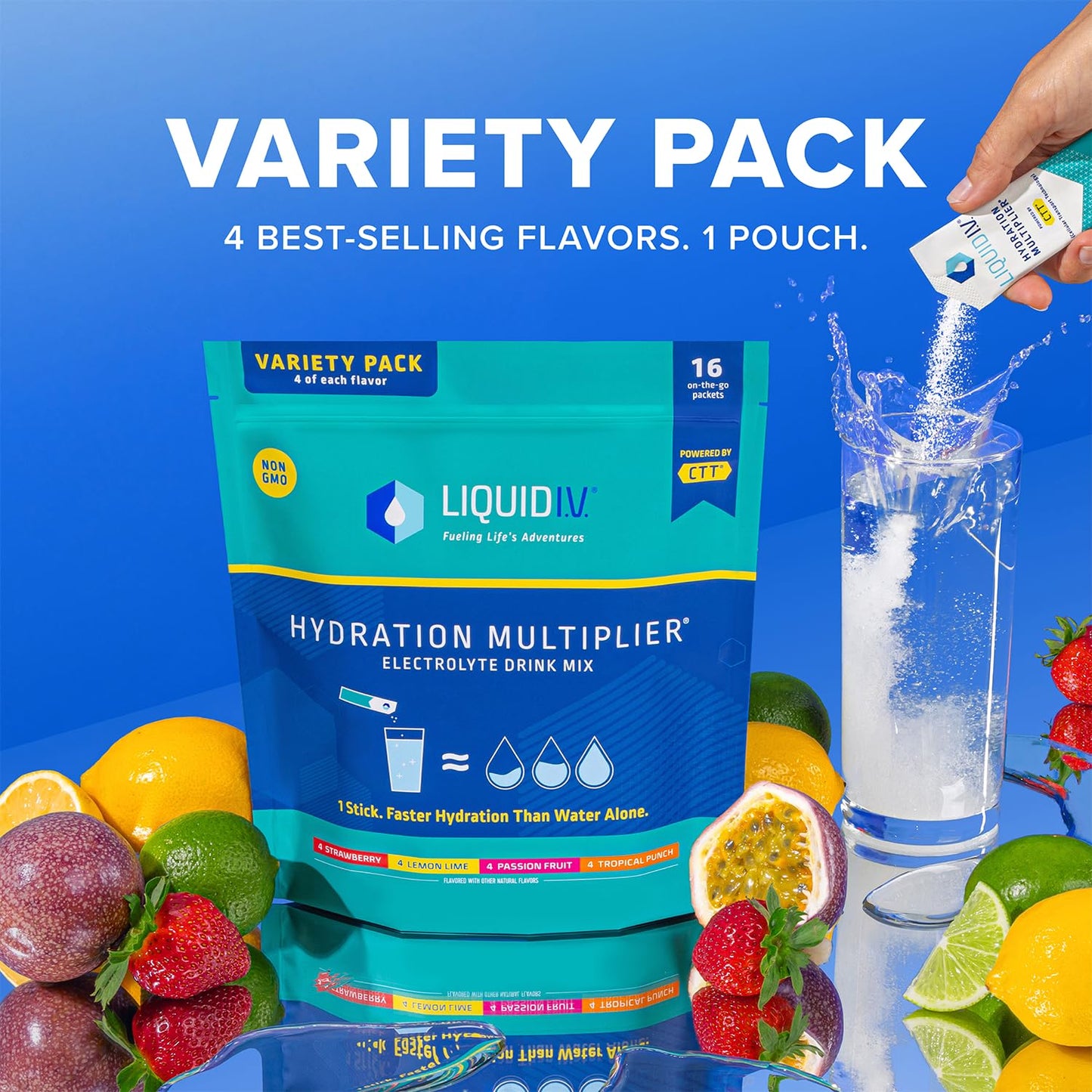 Liquid I.V. Hydration Multiplier Variety Pack � Lemon Lime, Passion Fruit, Strawberry, Tropical Punch - Hydration Powder Packets | Electrolyte Drink Mix | 16 Sticks