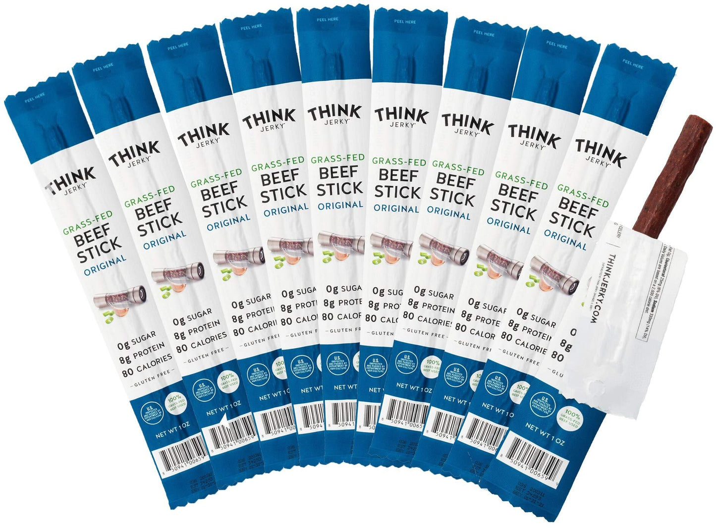 Think Jerky, Original Grass-Fed Beef Sticks (1.0 Ounce Sticks, Pack of 10 Sticks) - Sugar Free, Gluten Free, Non GMO, No Nitrates, Keto Friendly, Paleo, High Protein, Low Carb