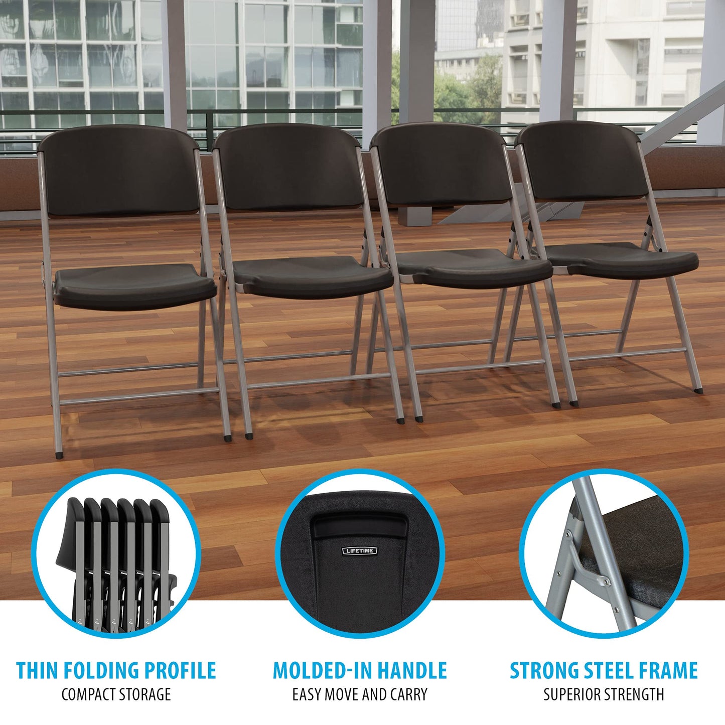 LIFETIME 80407 Commercial Grade Folding Chairs, 4 Pack, Black/Silver