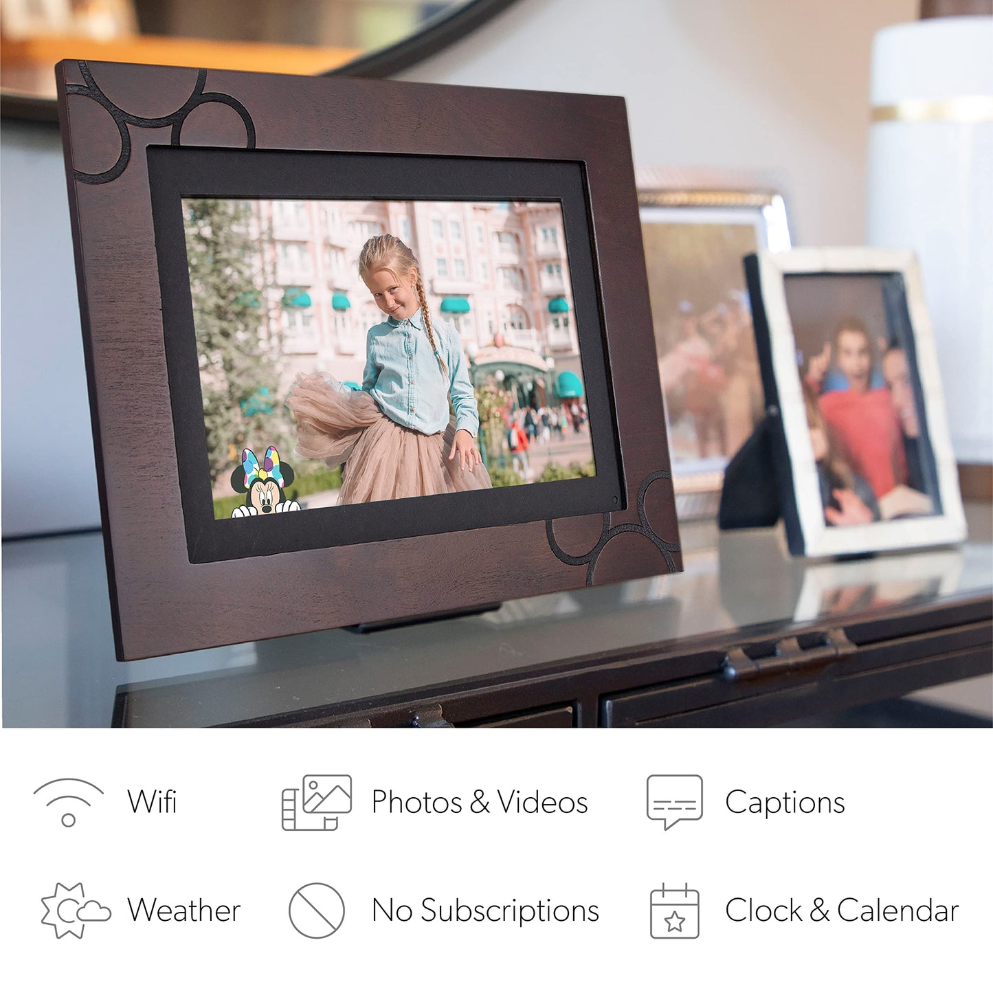 Disney Classic Mickey Mouse Photoshare 10� WiFi Digital Photo Frame | Send Photo or Video from Phone to Digital Picture Frame with Free PhotoShare Frame v2 app | End-to-End Encryption | Espresso Wood