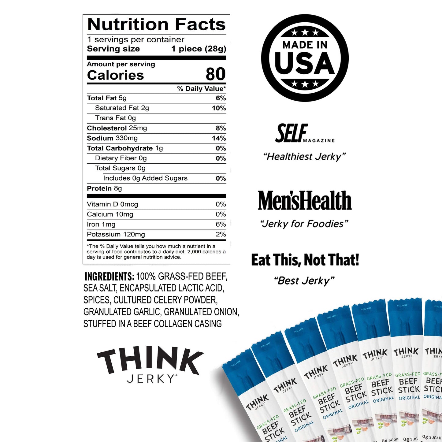 Think Jerky, Original Grass-Fed Beef Sticks (1.0 Ounce Sticks, Pack of 10 Sticks) - Sugar Free, Gluten Free, Non GMO, No Nitrates, Keto Friendly, Paleo, High Protein, Low Carb