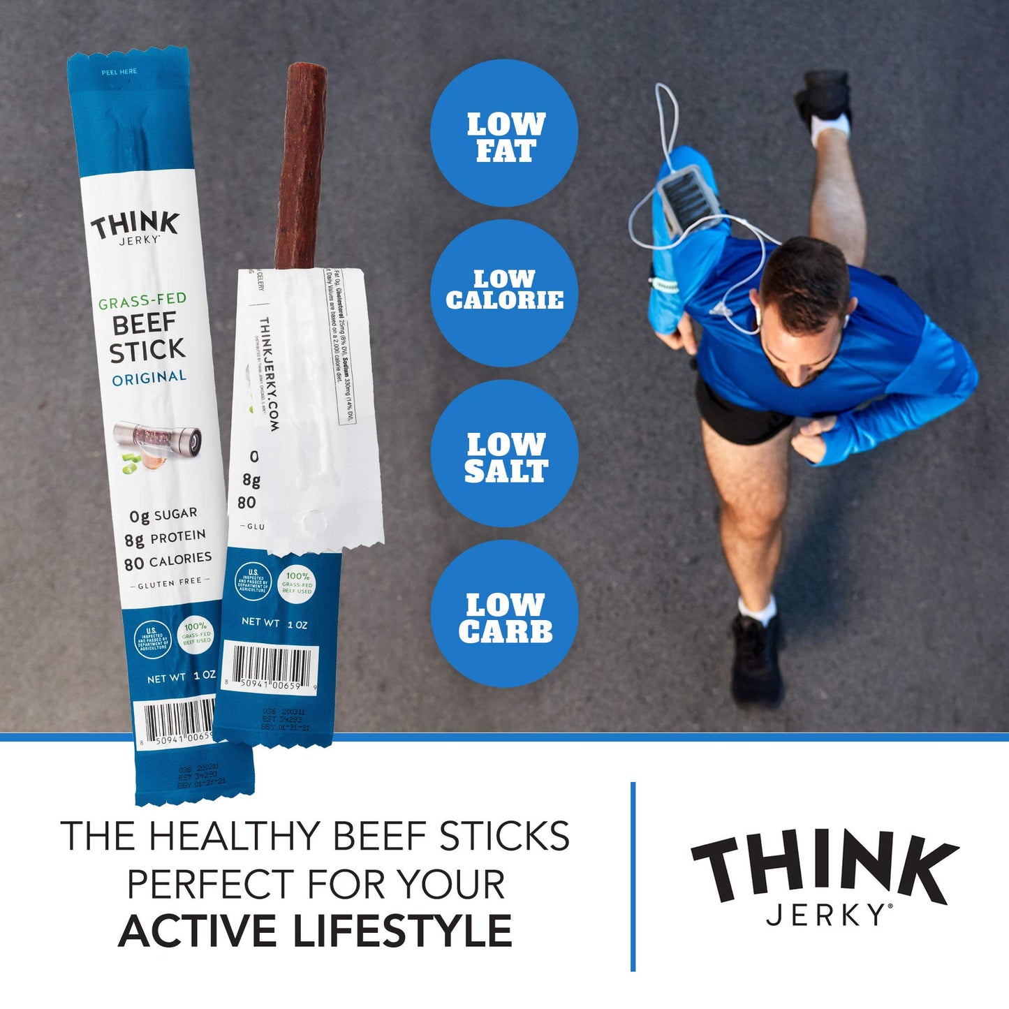 Think Jerky, Original Grass-Fed Beef Sticks (1.0 Ounce Sticks, Pack of 10 Sticks) - Sugar Free, Gluten Free, Non GMO, No Nitrates, Keto Friendly, Paleo, High Protein, Low Carb
