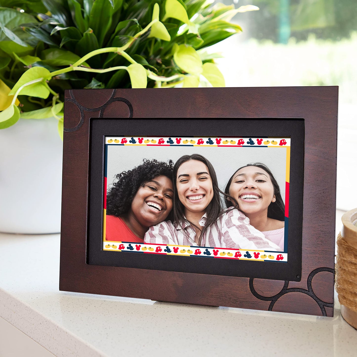 Disney Classic Mickey Mouse Photoshare 10� WiFi Digital Photo Frame | Send Photo or Video from Phone to Digital Picture Frame with Free PhotoShare Frame v2 app | End-to-End Encryption | Espresso Wood