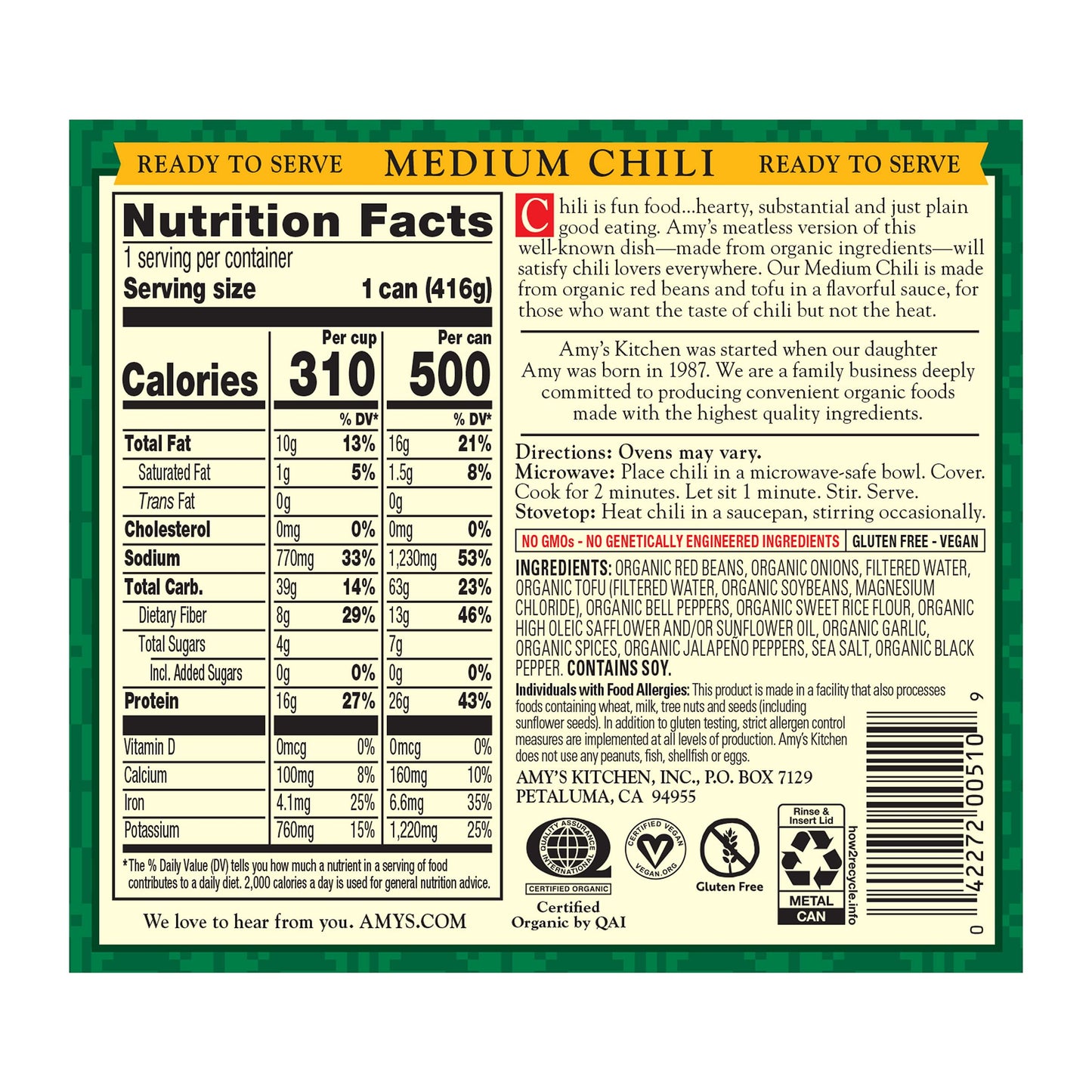 Amy's Chili, Medium Spice, Gluten Free & Organic Vegetarian Chili, 14.7 Oz (12 Pack)