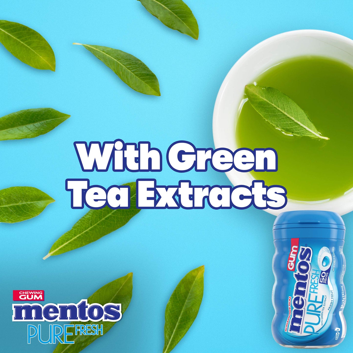 Mentos Pure Fresh Sugar-Free Chewing Gum with Xylitol, Fresh Mint, 50 Piece Per Bottle