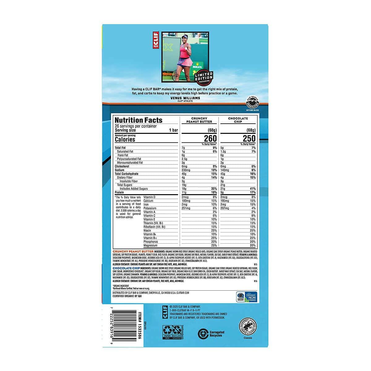 Clif Bar Variety Pack, Crunchy Peanut Butter and Chocolate Chip, 2.40 oz per bar, 26 Count