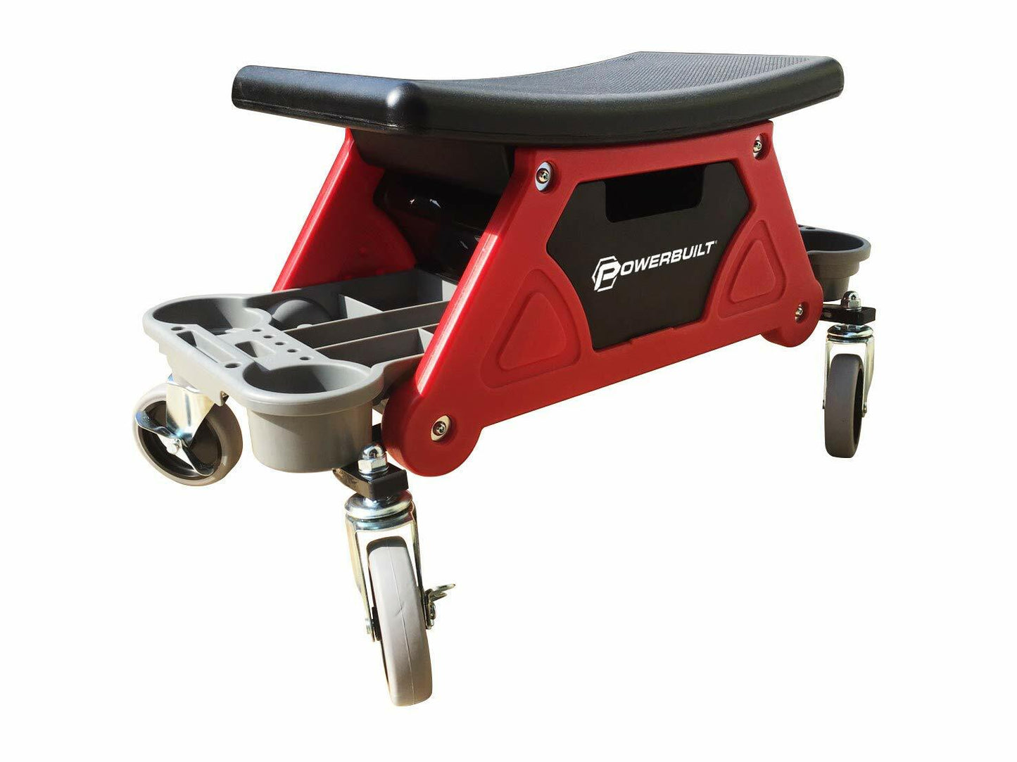 Powerbuilt Heavy Duty Roller Mechanics Seat and Brake Stool with 4-in. Rubber Swivel Casters Roll Over Anything, Big Seating Platform, Slide Out Tool Trays and Drawer 300 lb. Capacity – 240036