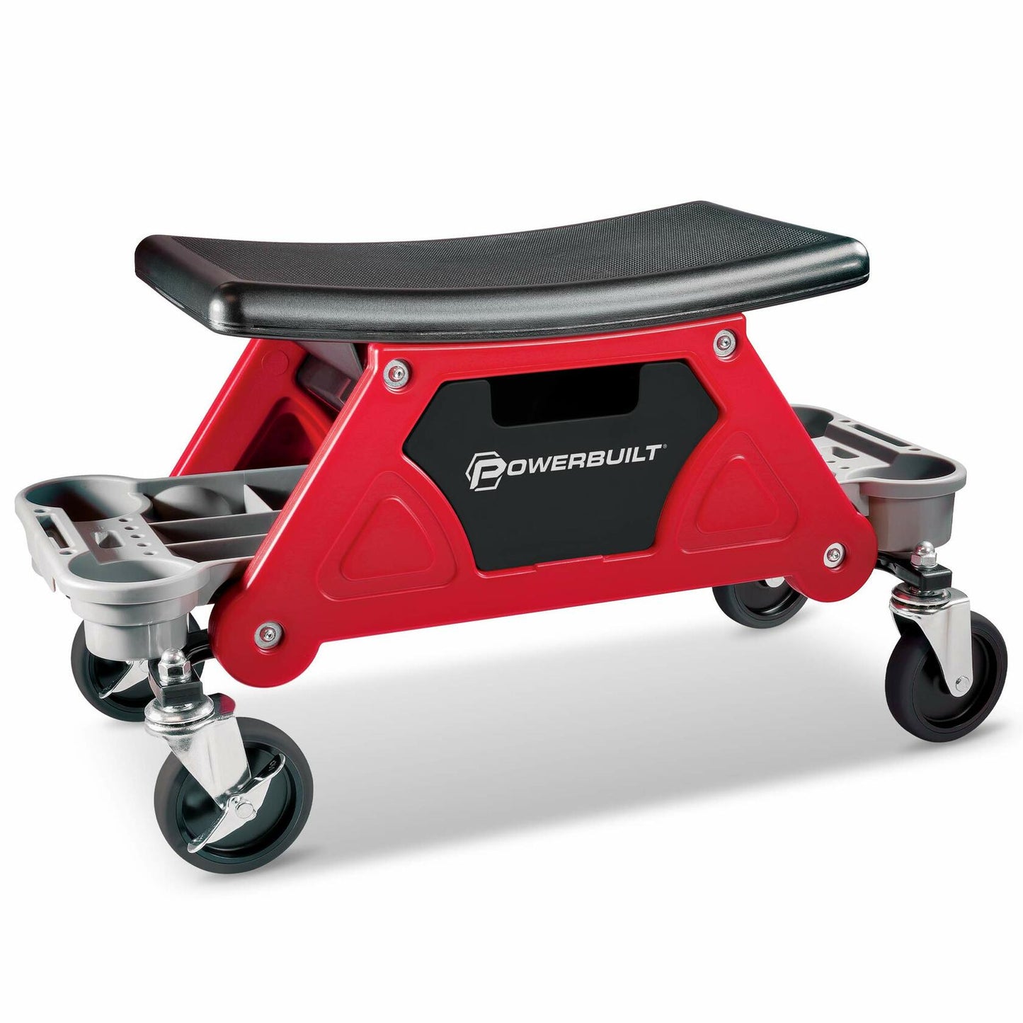Powerbuilt Heavy Duty Roller Mechanics Seat and Brake Stool with 4-in. Rubber Swivel Casters Roll Over Anything, Big Seating Platform, Slide Out Tool Trays and Drawer 300 lb. Capacity – 240036