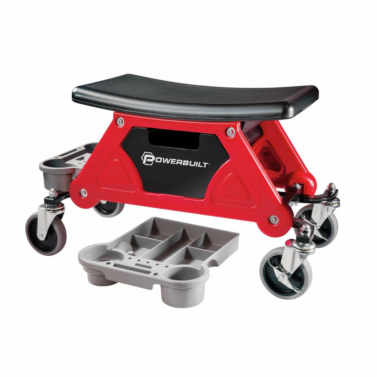 Powerbuilt Heavy Duty Roller Mechanics Seat and Brake Stool with 4-in. Rubber Swivel Casters Roll Over Anything, Big Seating Platform, Slide Out Tool Trays and Drawer 300 lb. Capacity – 240036