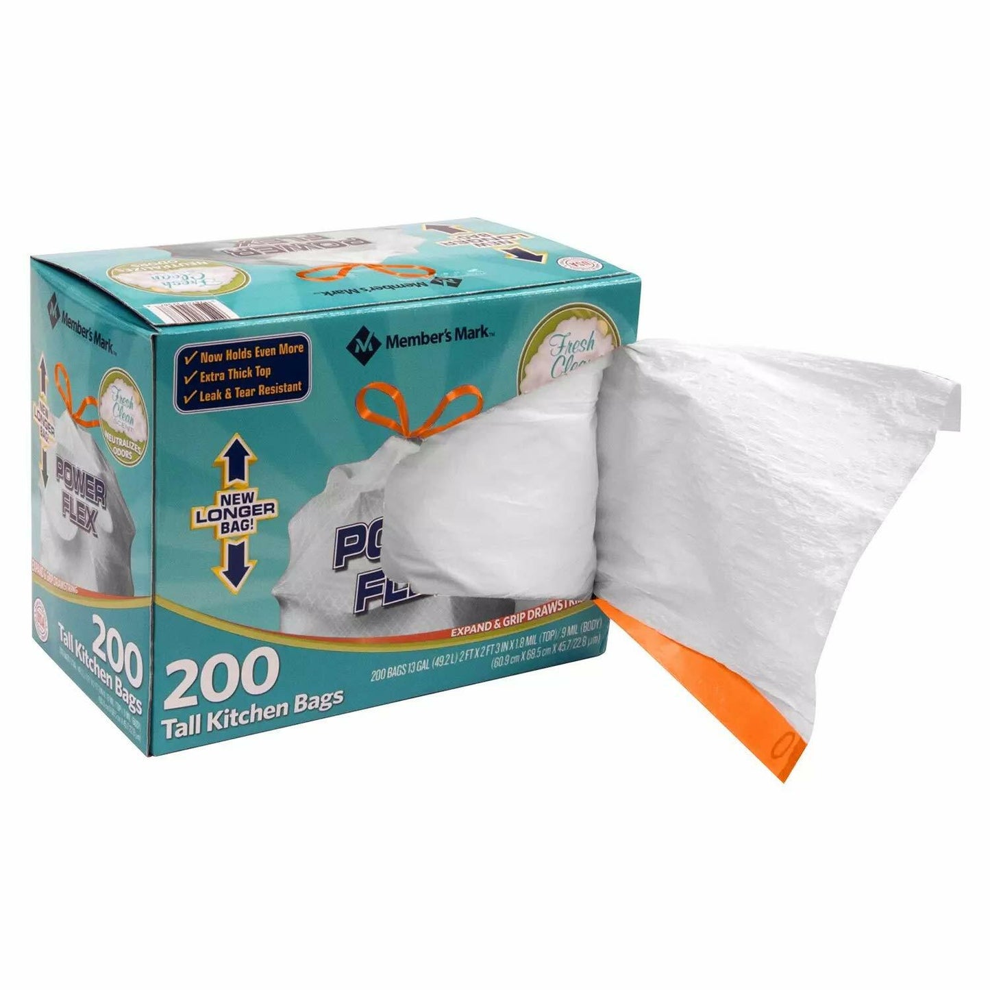 Member's Mark Power Flex Tall Kitchen Drawstring Trash Bags (13 Gallon, 2 Rolls of 100 ct., 200 count total)