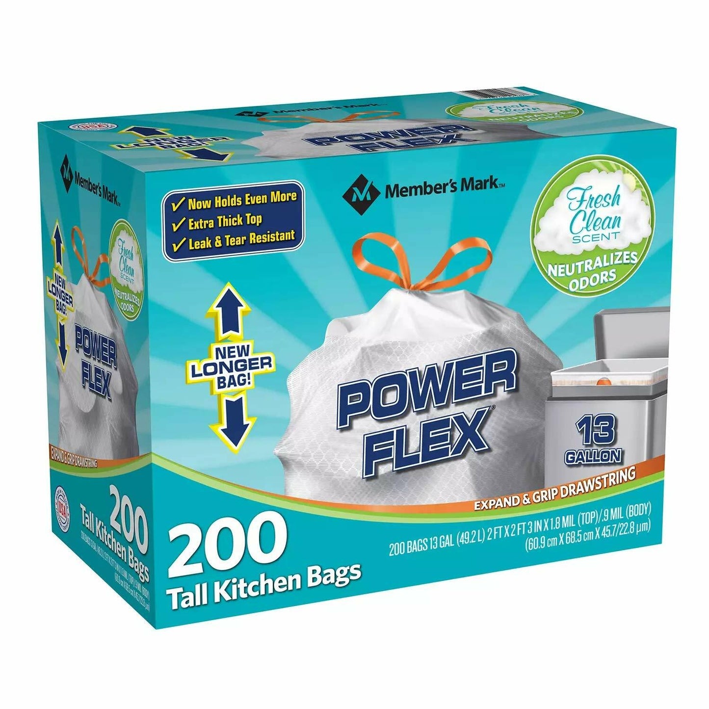 Member's Mark Power Flex Tall Kitchen Drawstring Trash Bags (13 Gallon, 2 Rolls of 100 ct., 200 count total)