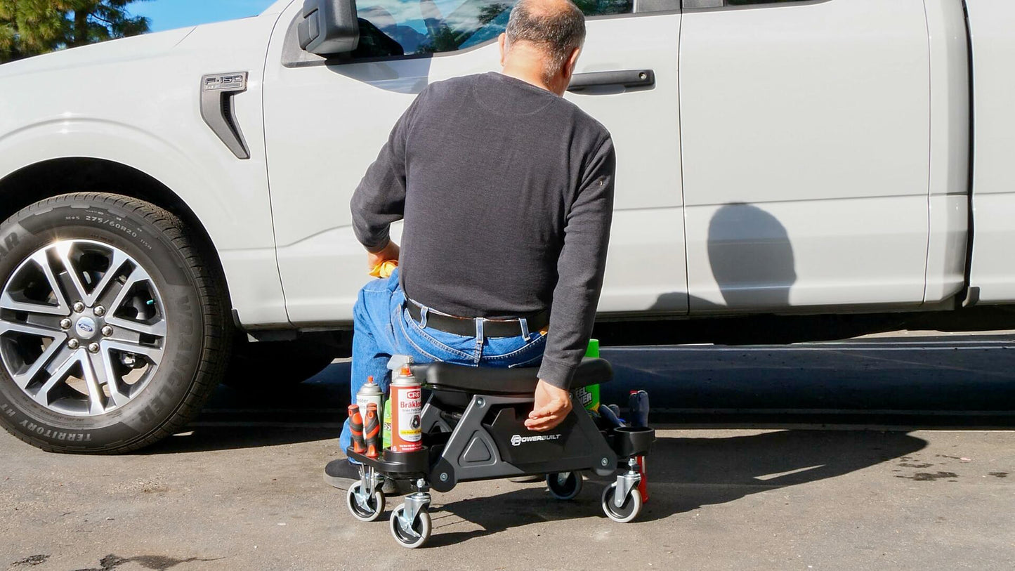Powerbuilt Heavy-Duty Utility Rolling Seat Upgraded with Padding, Sturdy Locked in Trays, Premium Wheels for Garage Work - Grey 642924ECE