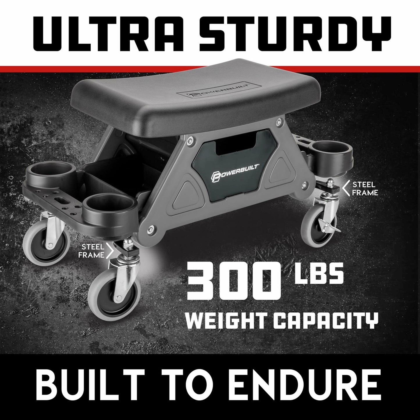 Powerbuilt Heavy-Duty Utility Rolling Seat Upgraded with Padding, Sturdy Locked in Trays, Premium Wheels for Garage Work - Grey 642924ECE