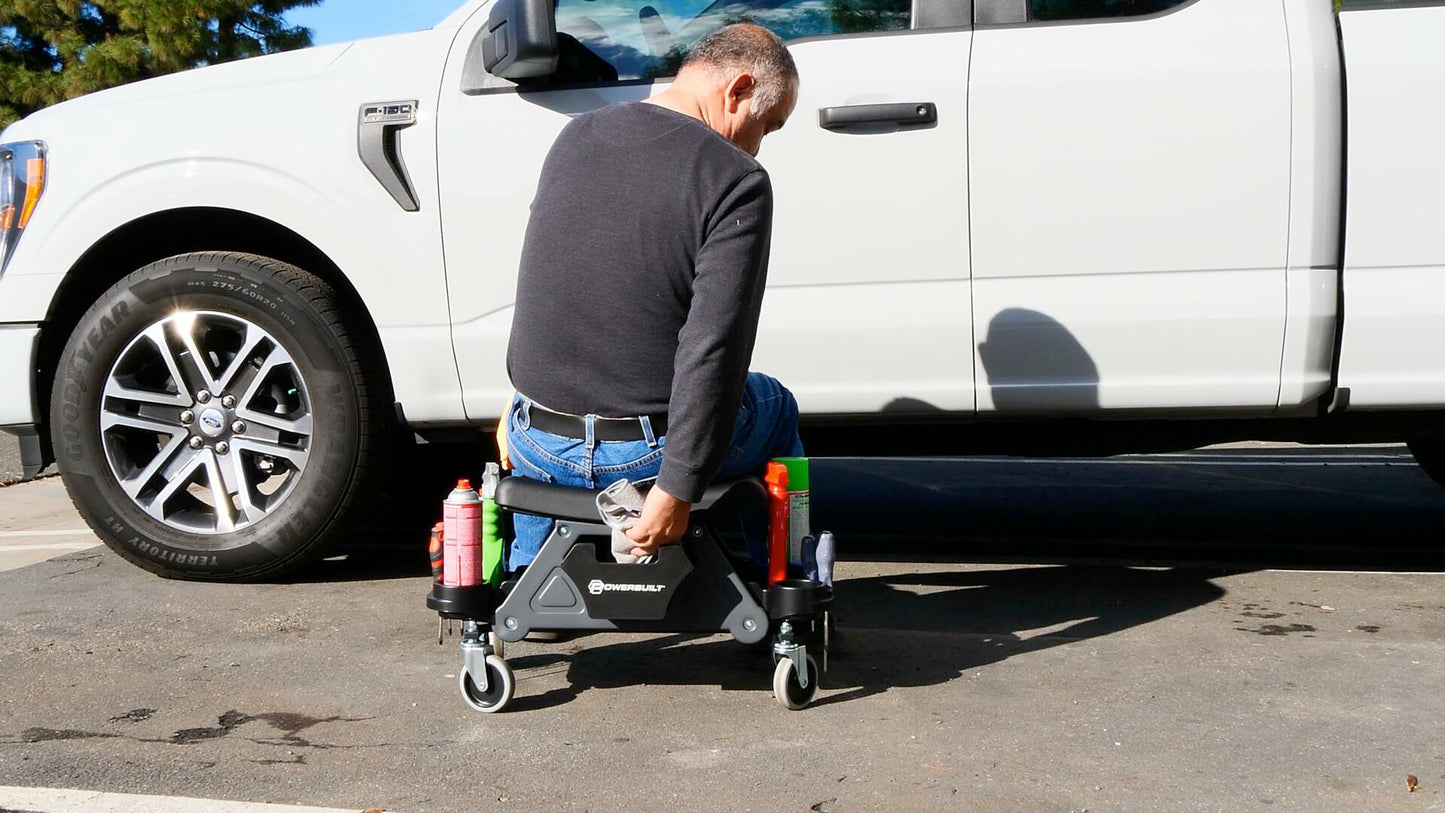 Powerbuilt Heavy-Duty Utility Rolling Seat Upgraded with Padding, Sturdy Locked in Trays, Premium Wheels for Garage Work - Grey 642924ECE