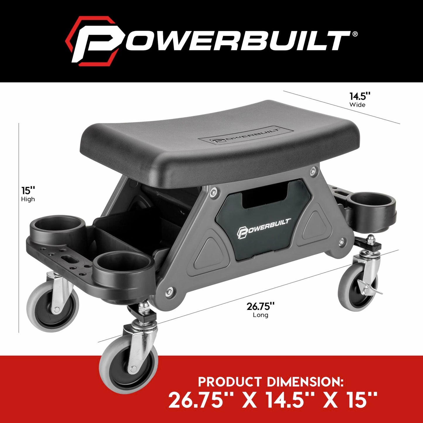 Powerbuilt Heavy-Duty Utility Rolling Seat Upgraded with Padding, Sturdy Locked in Trays, Premium Wheels for Garage Work - Grey 642924ECE