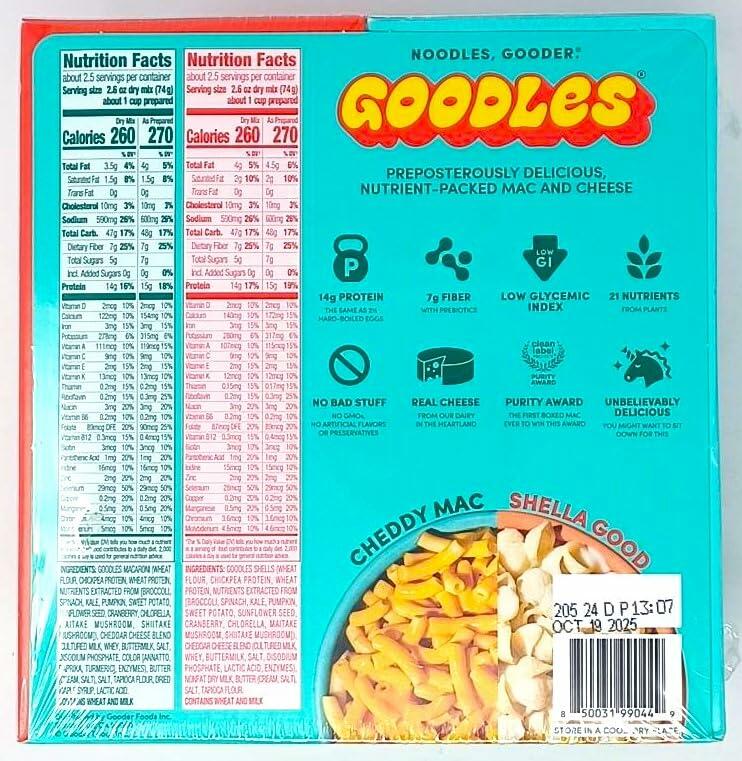 Goodles Mac & Cheese Variety Pack. 8 x 6 oz boxes. 4 Cheddy Mac & 4 Shella Good. 14g Protein, 6g Fiber with Prebiotics, 21 Plant-Based Nutrients and Made with Real Cheese.