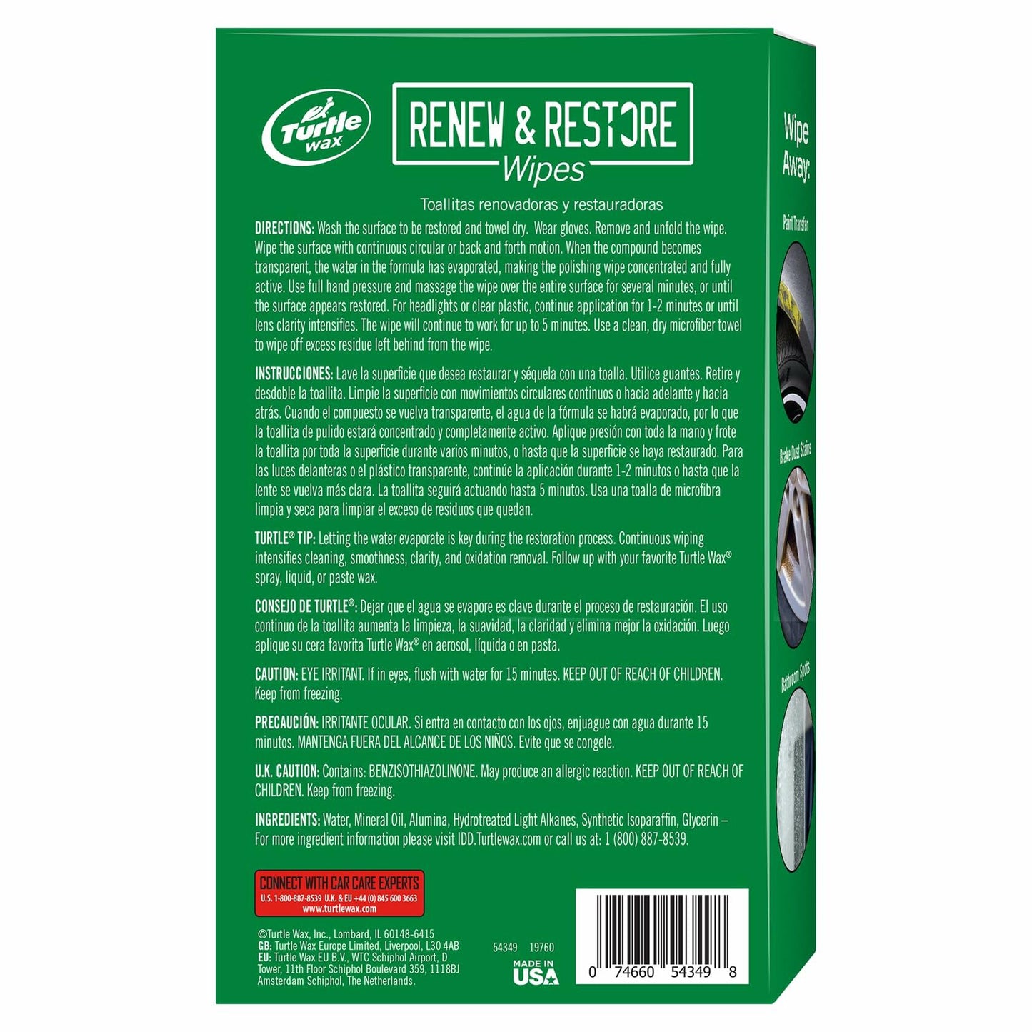 Turtle Wax 54349 Renew and Restore Wipes, Car Paint Scratch Removal, Works on Water Spots, Headlight Oxidation, Glass, Metal and More, Pack of 8 Wipes