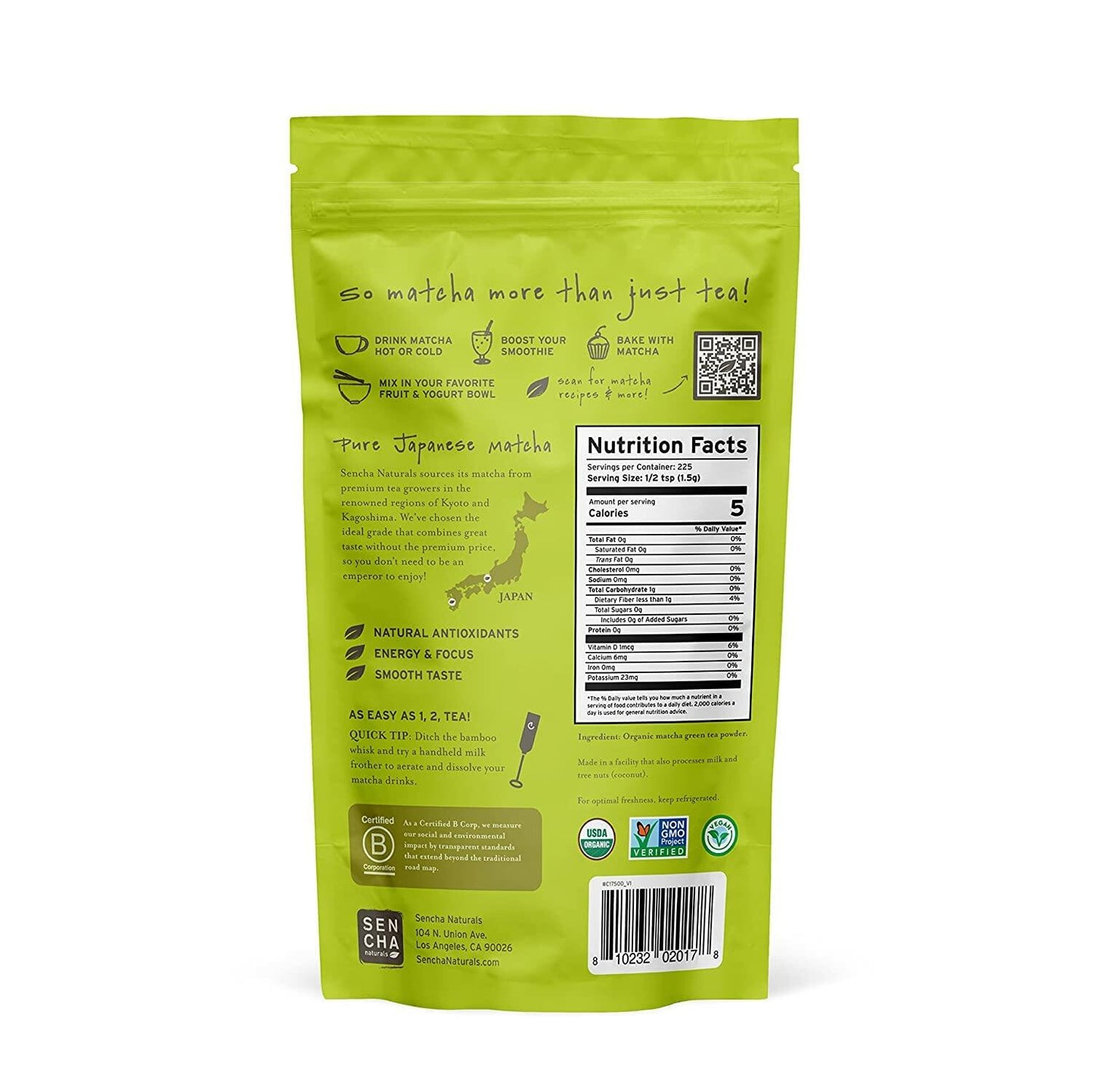 Sencha Eveyrday Natural USDA Organic Matcha Green Tea Powder Rich Antioxidant Revitalizing Body Helathy Gluten Free Product 100% Vegan Diet - 12oz (Pack of 1)