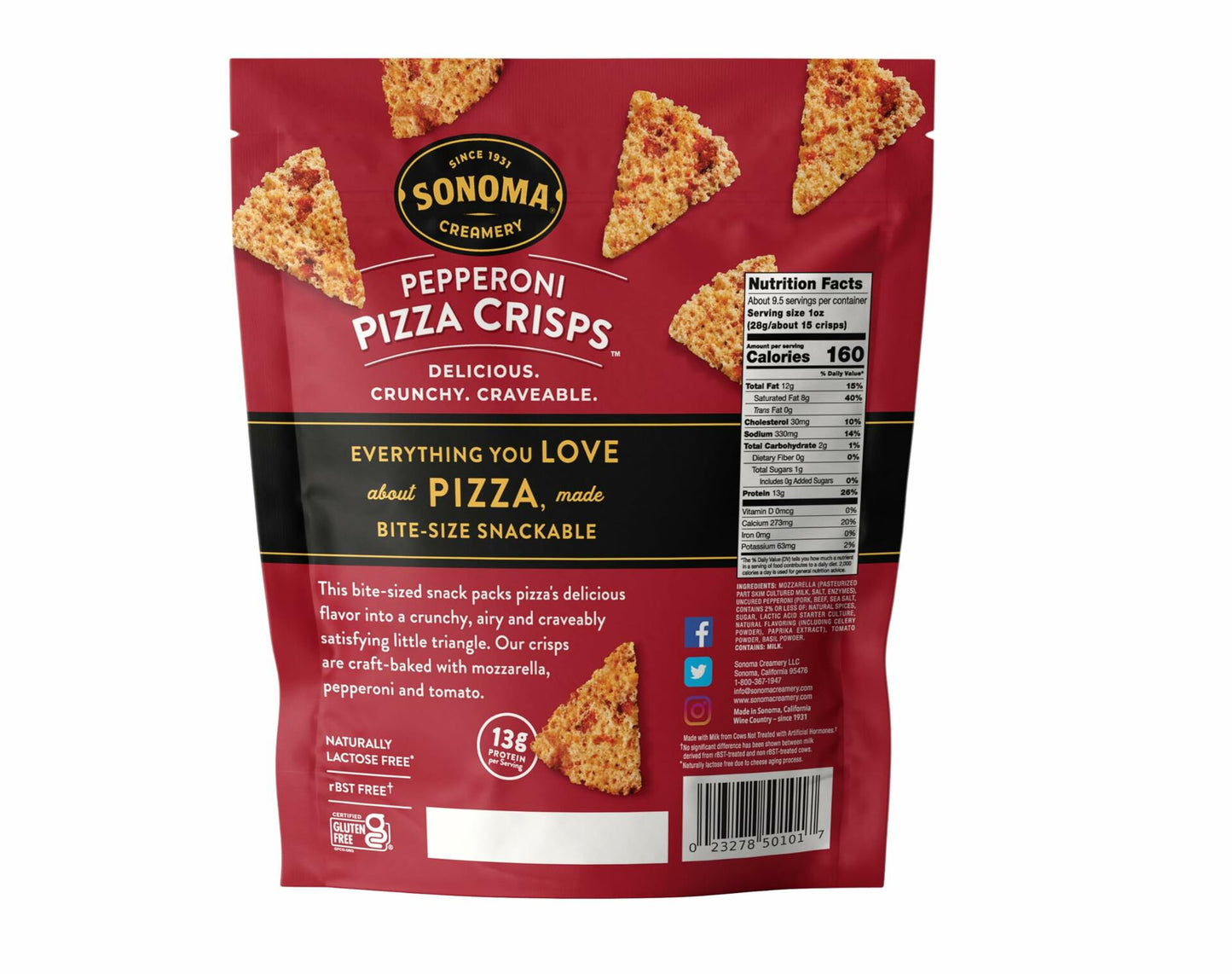 Sonoma Creamery - Pizza Crisps, Pepperoni, 9.5 Oz (1 Count) | Savory Snack Cracker | High Protein | Low Carb | Gluten Free | Wheat Free |Keto Friendly