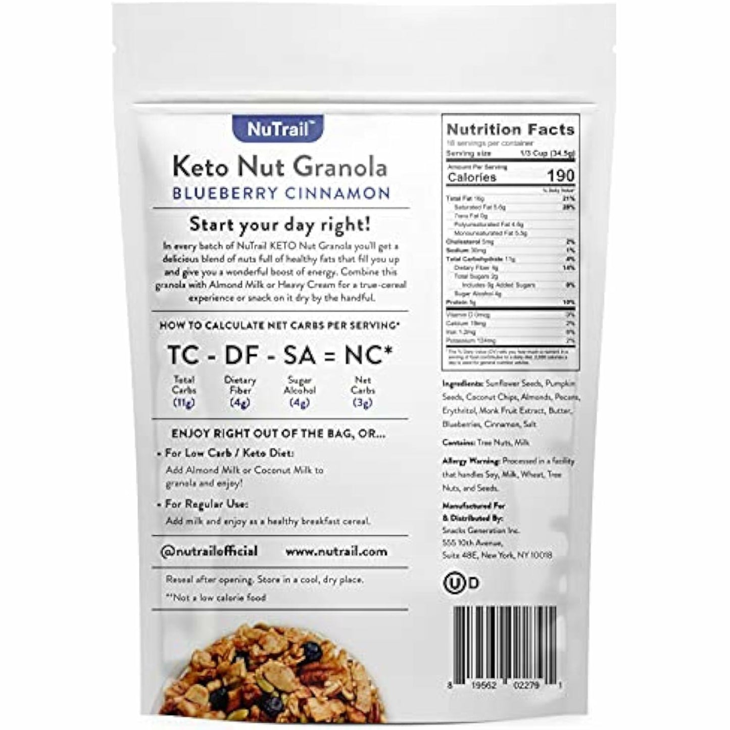 Low Karb NuTrail, Keto Blueberry Nut Granola Healthy Breakfast Cereal, Low Carb Snacks & Food, Almonds, Pecans, Coconut and More, 2g Net Carbs, 1.37 lb, 22 Oz