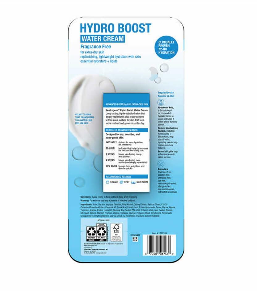 Neutrogena Hydro Boost Hyaluronic Acid Hydrating Water CREAM Daily Face Moisturizer for Dry Skin, Oil-Free, Non-Comedogenic Face Lotion, 1.7 fl. Oz 2 PACK