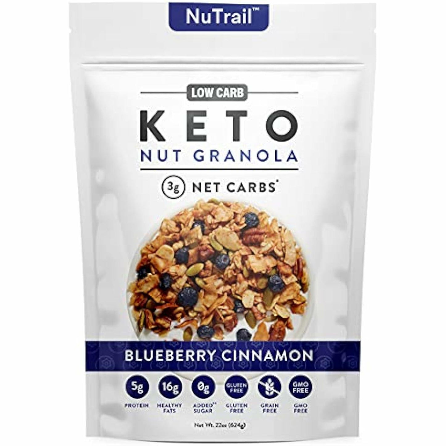 Low Karb NuTrail, Keto Blueberry Nut Granola Healthy Breakfast Cereal, Low Carb Snacks & Food, Almonds, Pecans, Coconut and More, 2g Net Carbs, 1.37 lb, 22 Oz