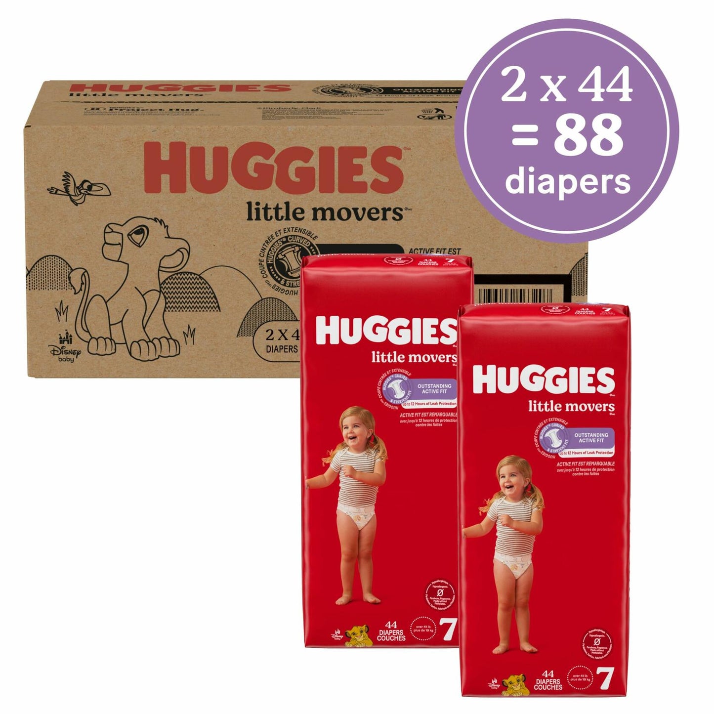 Huggies Size 7 Diapers, Little Movers Baby Diapers, Size 7 (41+ lbs), 88 Count, Packaging May Vary