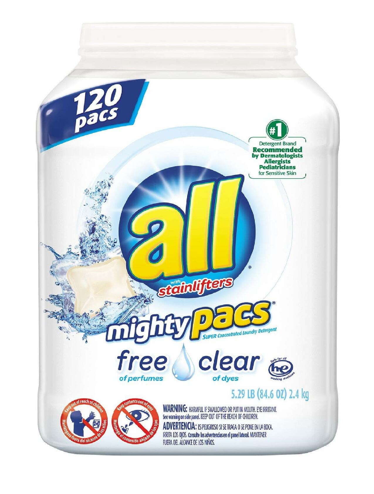 All Mighty Pacs Free & Clear Laundry Detergent, 120 Count